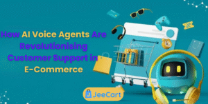 Illustration showing AI voice agents assisting customers and improving e-commerce customer support.