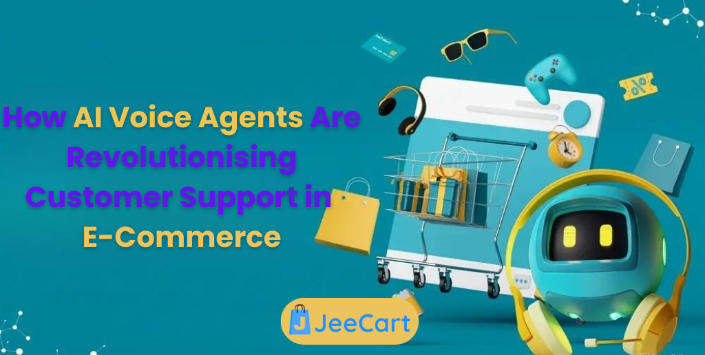 Illustration showing AI voice agents assisting customers and improving e-commerce customer support.