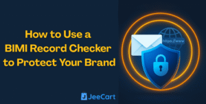 Illustration of a BIMI record checker verifying brand logo and email authentication for enhanced email security and brand protection