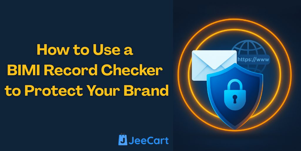 Illustration of a BIMI record checker verifying brand logo and email authentication for enhanced email security and brand protection