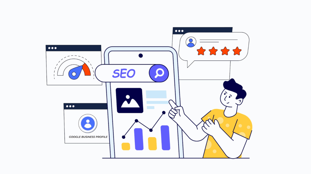 Illustration of a person pointing at a large mobile screen showing SEO analytics, search icon, rating stars, speed gauge, and Google Business Profile elements